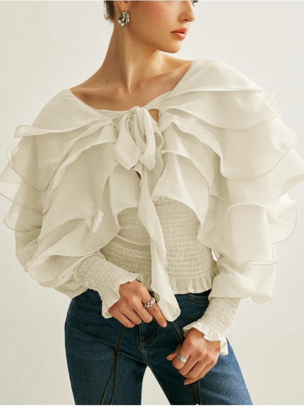 Commense White Layered Ruffle Tie-Front Blouse